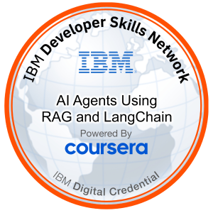 IBM Developer Skills Network badge for AI Agents Using RAG and LangChain, issued via Coursera
