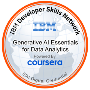 IBM Developer Skills Network badge for Generative AI Essentials for Data Analytics, awarded via Coursera