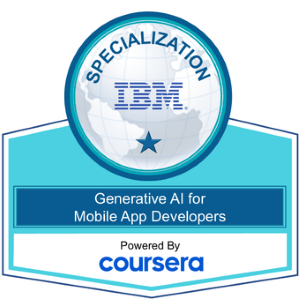 IBM specialization badge for Generative AI for Mobile App Developers, powered by Coursera