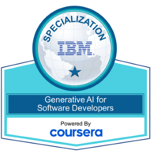 IBM specialization badge for Generative AI for Software Developers, issued through Coursera