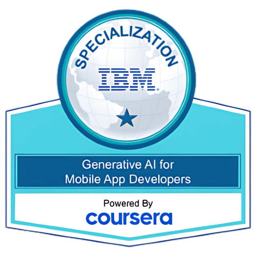 IBM specialization badge for Generative AI for Mobile App Developers, powered by Coursera
