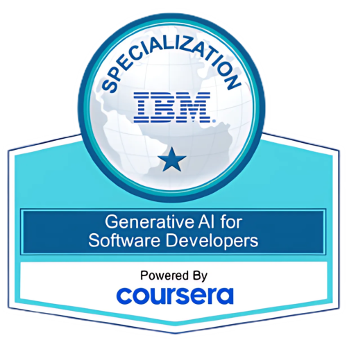 IBM specialization badge for Generative AI for Software Developers, issued through Coursera
