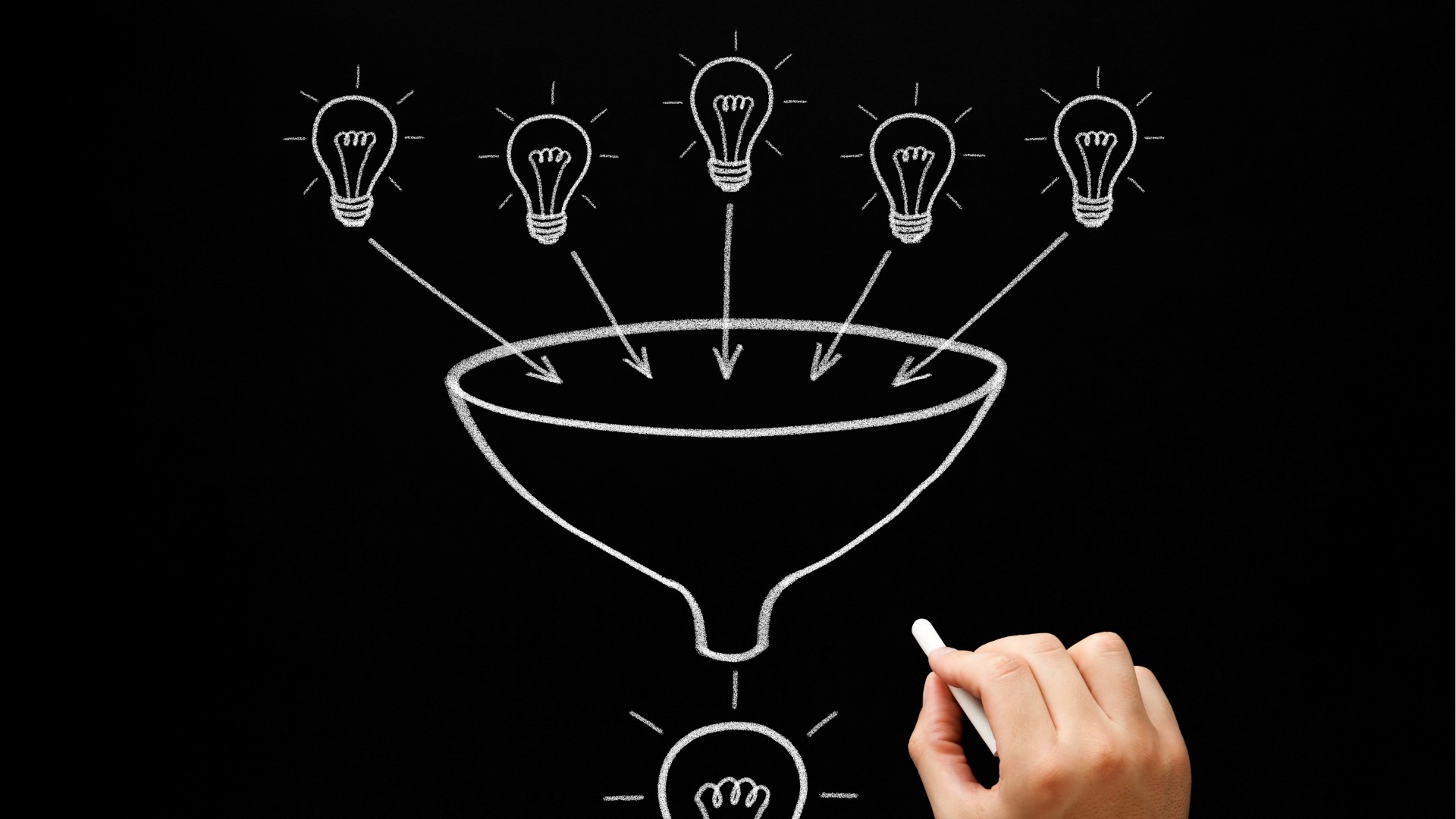 Hand drawing a chalk funnel with multiple lightbulbs flowing into it, representing idea generation and innovation.