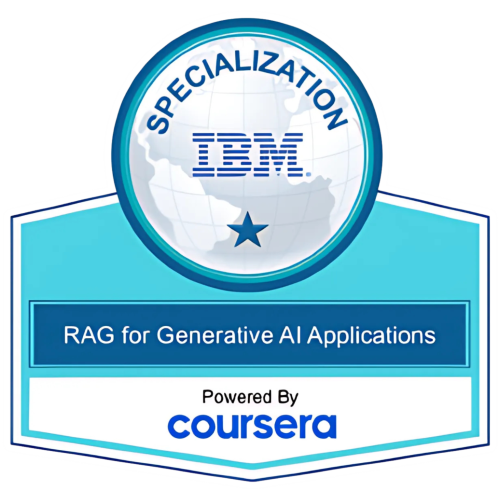 IBM specialization badge for Retrieval-Augmented Generation (RAG) for Generative AI Applications, powered by Coursera