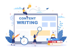 Illustration of people creating and optimizing content with large text reading “Content Writing,” representing SEO strategies like entity-based optimization and keyword optimization.