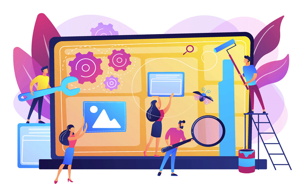 Illustration of a team collaboratively rebuilding and optimizing a website, featuring gears, images, and design tools on a large screen to represent website development and maintenance.
