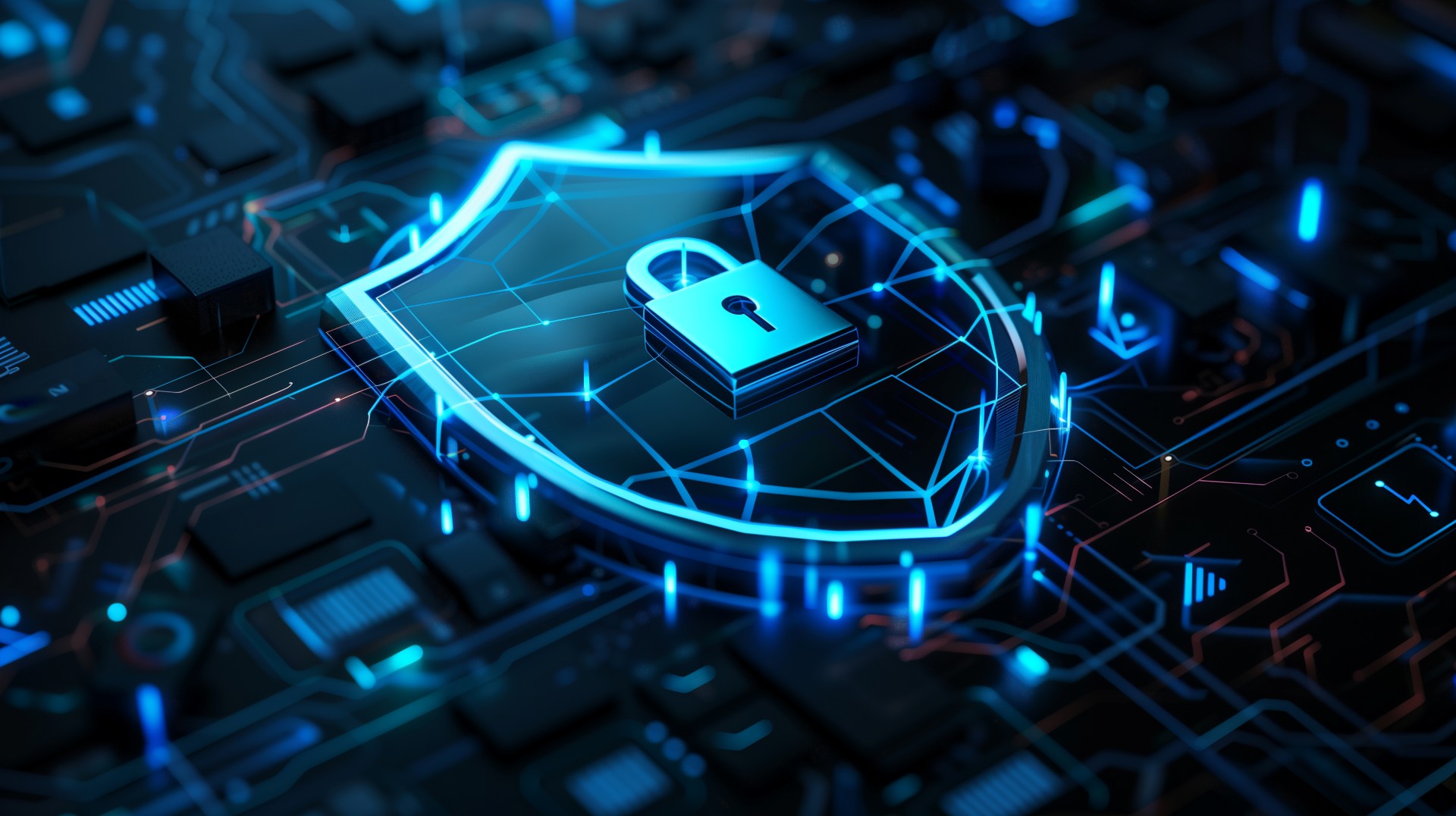 Futuristic 3D illustration of a glowing blue shield with a padlock icon on a circuit board, representing secure technology, data protection, and cyber defense