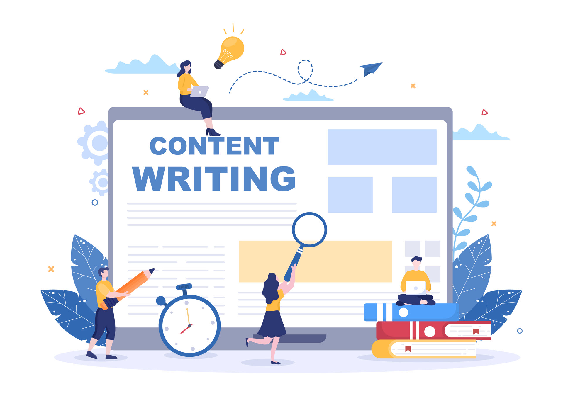 Illustration of people creating and optimizing content with large text reading “Content Writing,” representing SEO strategies like entity-based optimization and keyword optimization.