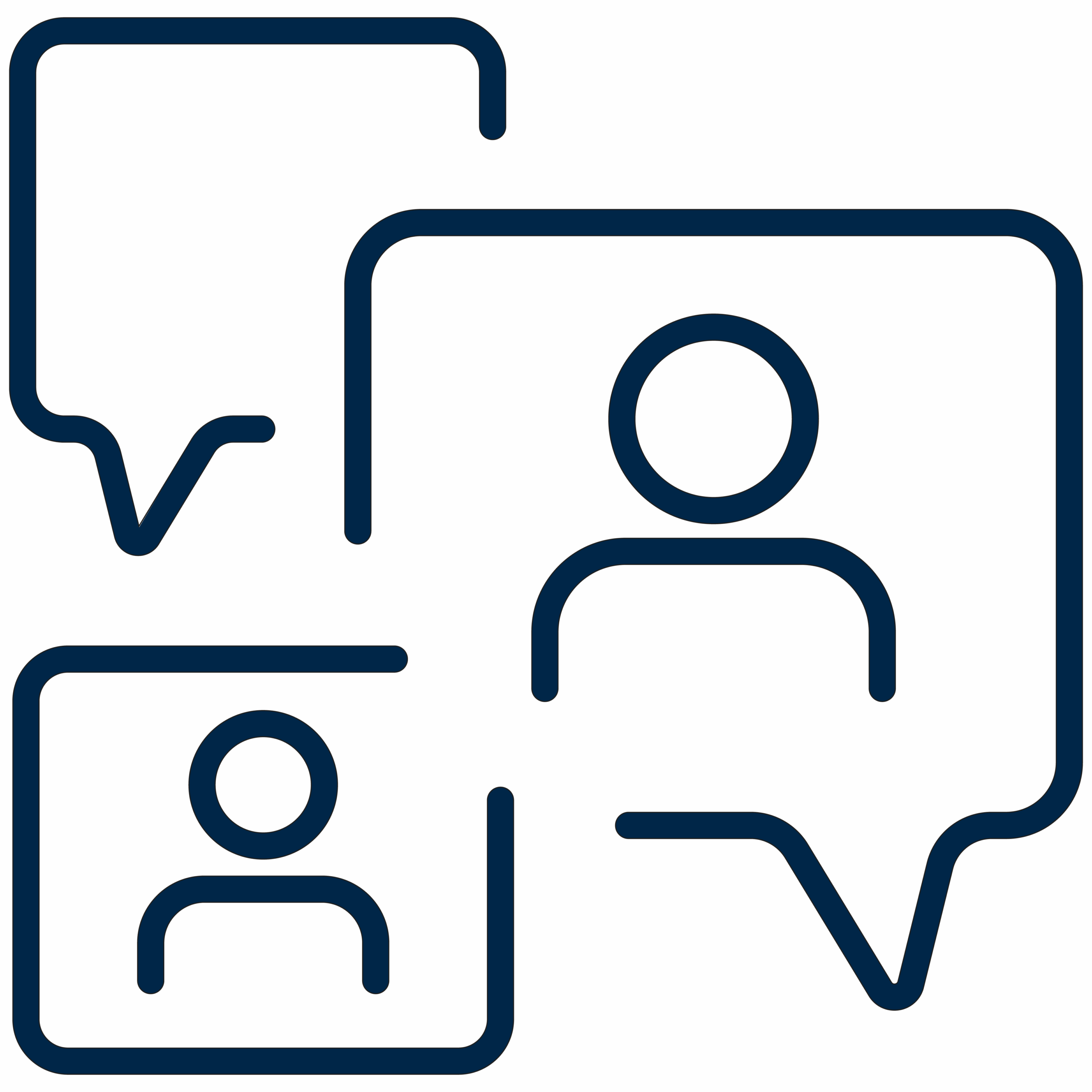 Navy blue line icon of multiple speech bubbles with person silhouettes inside, symbolizing communication, collaboration, and partnership.