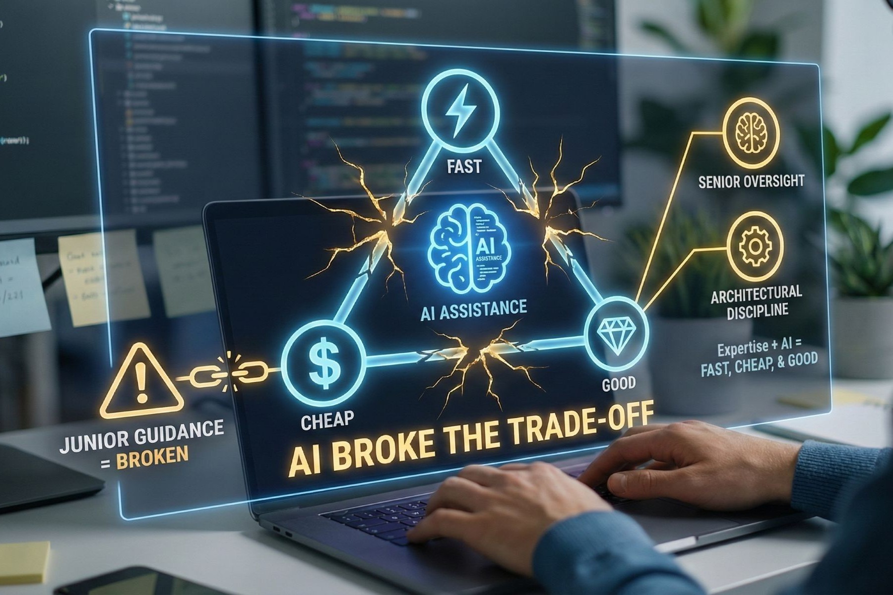 A developer views a holographic interface illustrating how AI breaks the traditional fast-cheap-good trade-off in software engineering. The infographic emphasizes that senior expertise is crucial for success, while junior guidance leads to broken code.