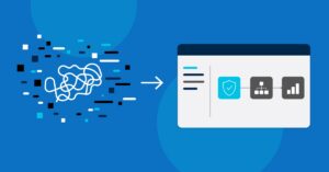 Minimal vector illustration of chaotic code and disconnected elements transitioning into an organized enterprise dashboard with governance and security icons on a blue background.