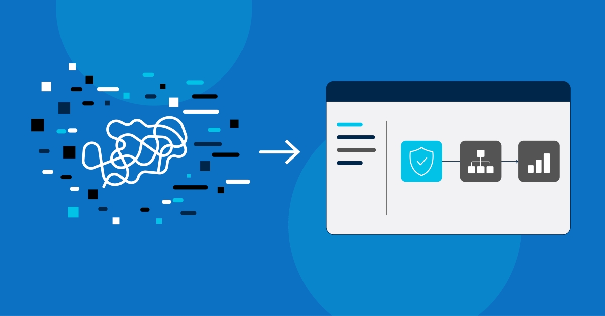 Minimal vector illustration of chaotic code and disconnected elements transitioning into an organized enterprise dashboard with governance and security icons on a blue background.