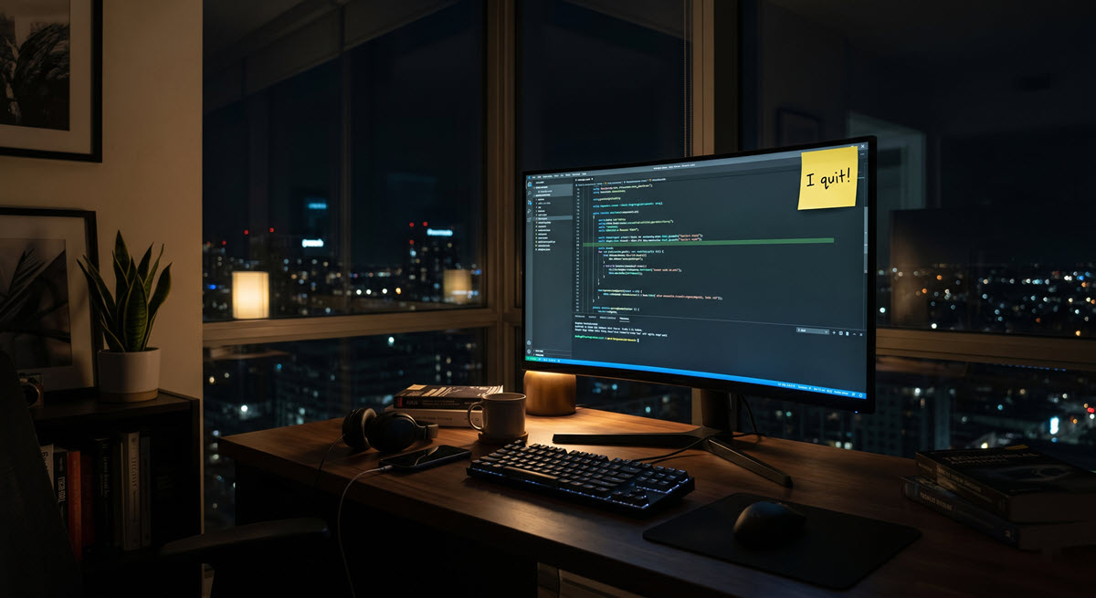 Computer with code on the screen with i quit sticky note