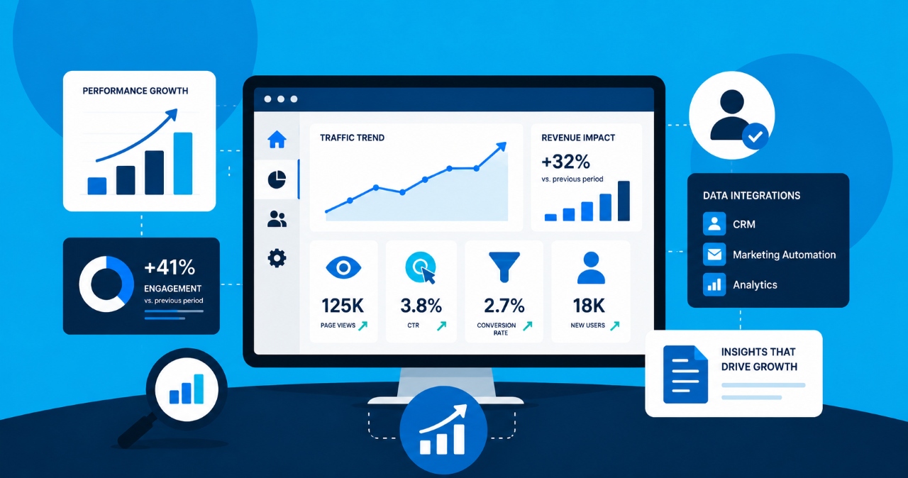 Illustration of a Digital Experience Platform (DXP) dashboard displaying business performance metrics, including website traffic, conversions, engagement, revenue growth, data integrations, and analytics insights that demonstrate measurable digital experience outcomes.