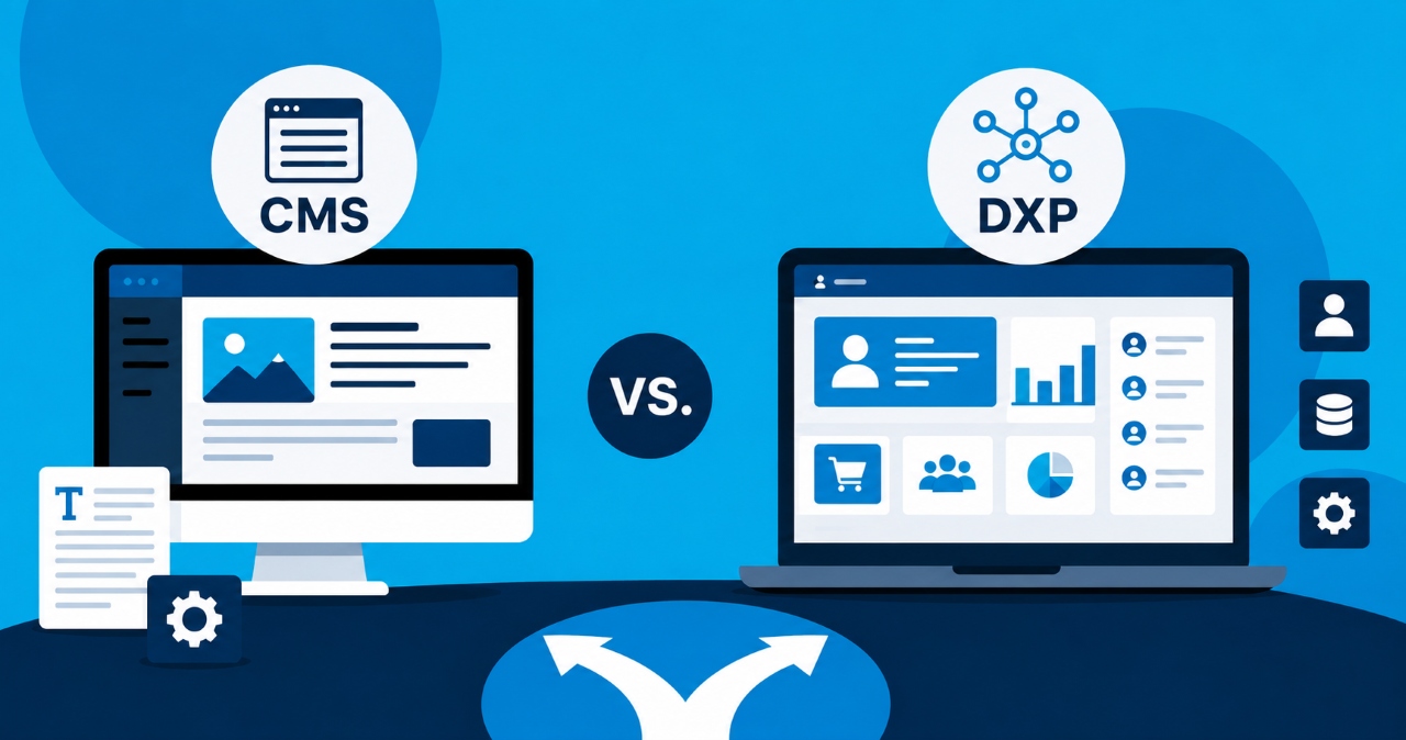 Illustration comparing a traditional CMS and a scalable Digital Experience Platform (DXP), showing how businesses can choose the right website platform based on content management, integrations, personalization, and long-term growth.